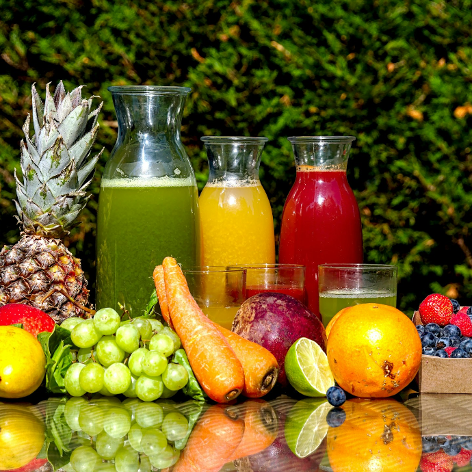 fruits and vegetable in clear glass jar
